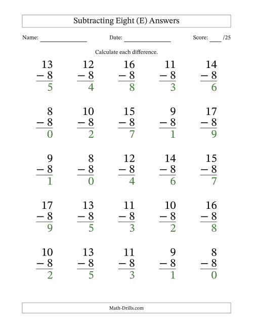 The Subtracting Eight With Differences from 0 to 9 – 25 Large Print Questions (E) Math Worksheet Page 2