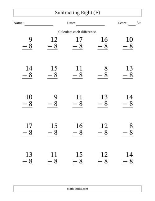 The Subtracting Eight With Differences from 0 to 9 – 25 Large Print Questions (F) Math Worksheet