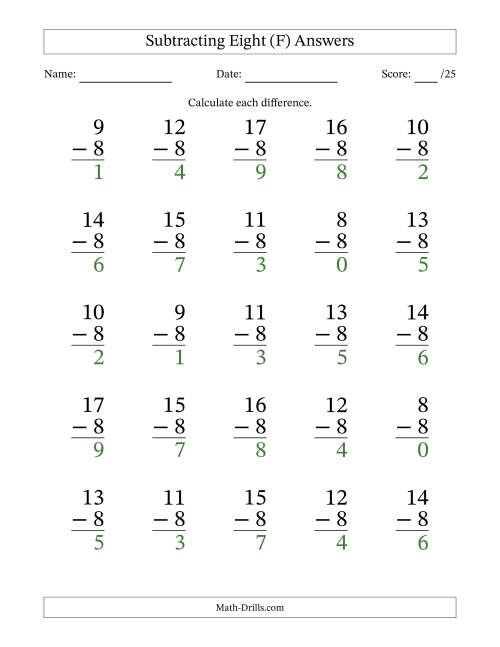 The Subtracting Eight With Differences from 0 to 9 – 25 Large Print Questions (F) Math Worksheet Page 2