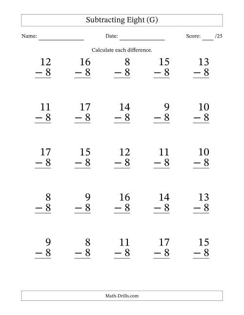 The Subtracting Eight With Differences from 0 to 9 – 25 Large Print Questions (G) Math Worksheet