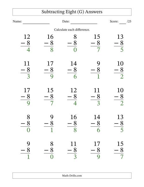 The Subtracting Eight With Differences from 0 to 9 – 25 Large Print Questions (G) Math Worksheet Page 2