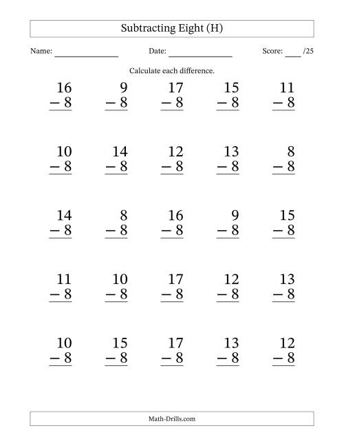 The Subtracting Eight With Differences from 0 to 9 – 25 Large Print Questions (H) Math Worksheet