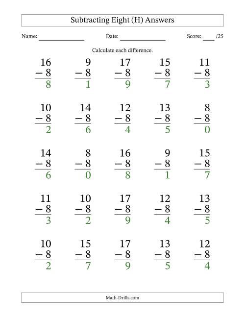 The Subtracting Eight With Differences from 0 to 9 – 25 Large Print Questions (H) Math Worksheet Page 2