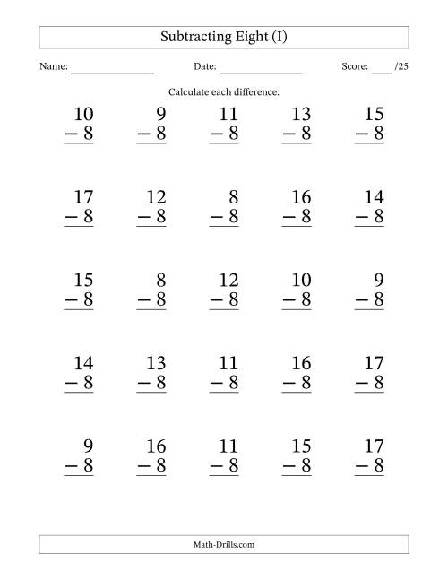The Subtracting Eight With Differences from 0 to 9 – 25 Large Print Questions (I) Math Worksheet