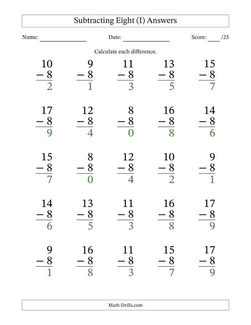 The Subtracting Eight With Differences from 0 to 9 – 25 Large Print Questions (I) Math Worksheet Page 2