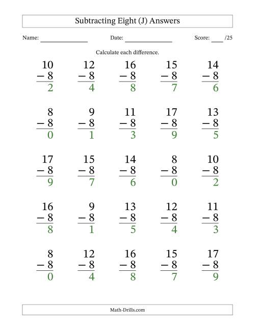 The Subtracting Eight With Differences from 0 to 9 – 25 Large Print Questions (J) Math Worksheet Page 2