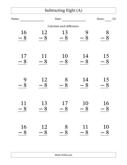 The Subtracting Eight With Differences from 0 to 9 – 25 Large Print Questions (All) Math Worksheet