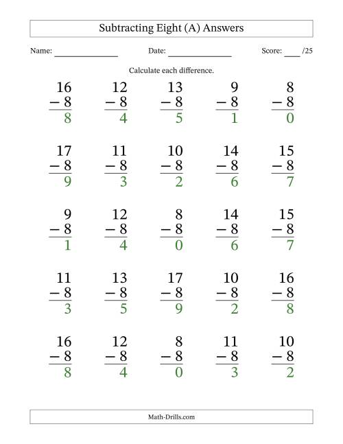 The Subtracting Eight With Differences from 0 to 9 – 25 Large Print Questions (All) Math Worksheet Page 2