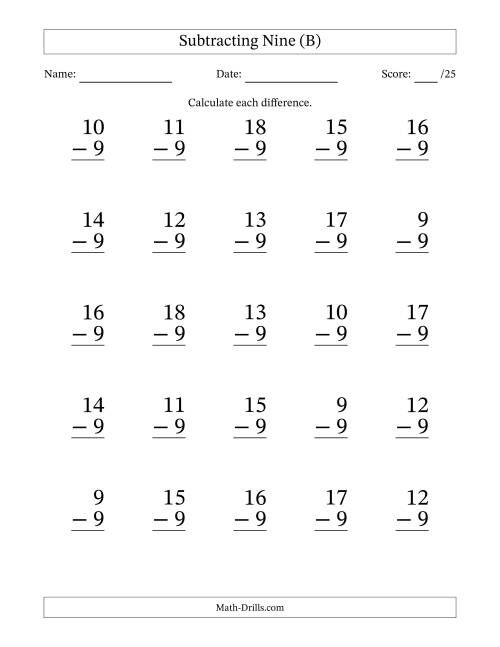 The Subtracting Nine With Differences from 0 to 9 – 25 Large Print Questions (B) Math Worksheet