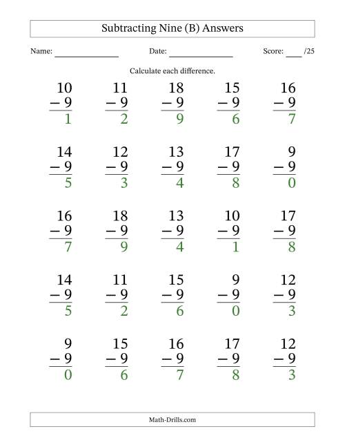 The Subtracting Nine With Differences from 0 to 9 – 25 Large Print Questions (B) Math Worksheet Page 2