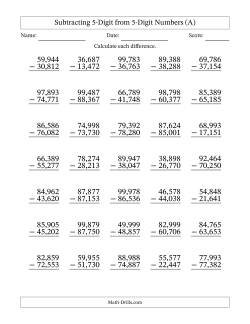 Subtracting 5-Digit from 5-Digit Numbers With No Regrouping (35 Questions) (Comma Separated Thousands)