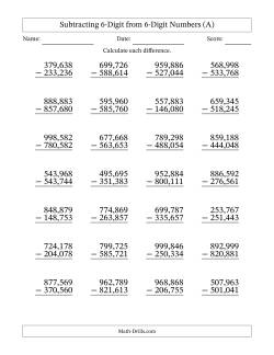 Subtracting 6-Digit from 6-Digit Numbers With No Regrouping (28 Questions) (Comma Separated Thousands)