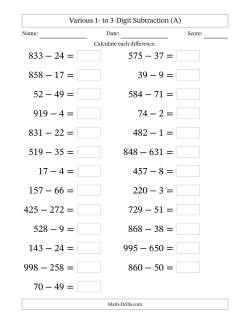 Horizontally Arranged Various One-Digit to Three-Digit Subtraction(25 Questions; Large Print)