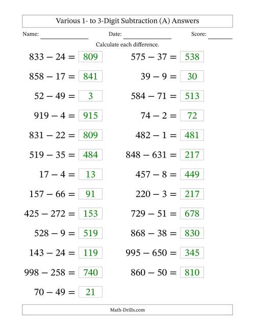 The Horizontally Arranged Various One-Digit to Three-Digit Subtraction(25 Questions; Large Print) (A) Math Worksheet Page 2