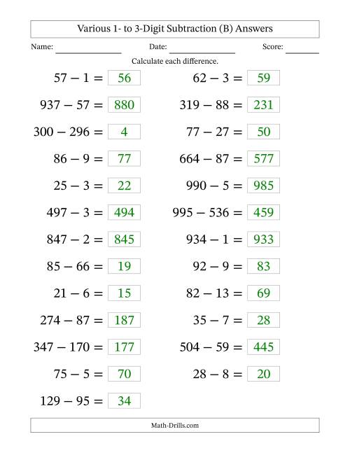 The Horizontally Arranged Various One-Digit to Three-Digit Subtraction(25 Questions; Large Print) (B) Math Worksheet Page 2