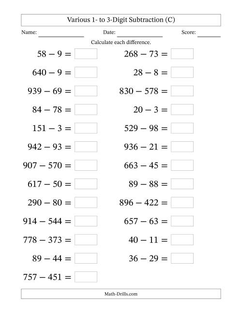 The Horizontally Arranged Various One-Digit to Three-Digit Subtraction(25 Questions; Large Print) (C) Math Worksheet