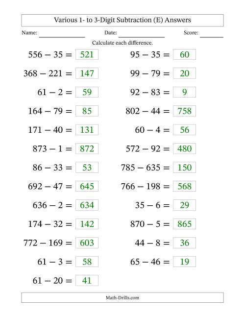 The Horizontally Arranged Various One-Digit to Three-Digit Subtraction(25 Questions; Large Print) (E) Math Worksheet Page 2