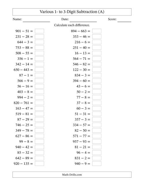 The Horizontally Arranged Various One-Digit to Three-Digit Subtraction(50 Questions) (A) Math Worksheet