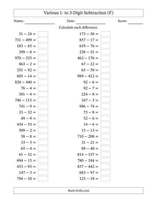 The Horizontally Arranged Various One-Digit to Three-Digit Subtraction(50 Questions) (F) Math Worksheet