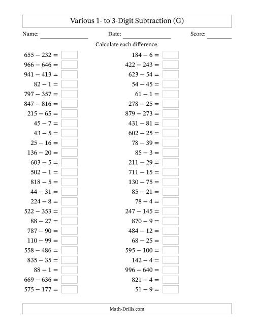 The Horizontally Arranged Various One-Digit to Three-Digit Subtraction(50 Questions) (G) Math Worksheet