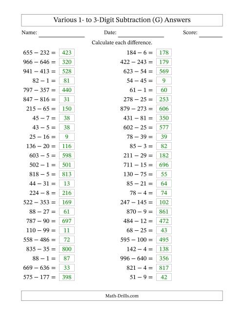 The Horizontally Arranged Various One-Digit to Three-Digit Subtraction(50 Questions) (G) Math Worksheet Page 2