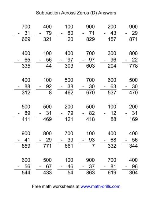 subtraction across zeros 36 questions d