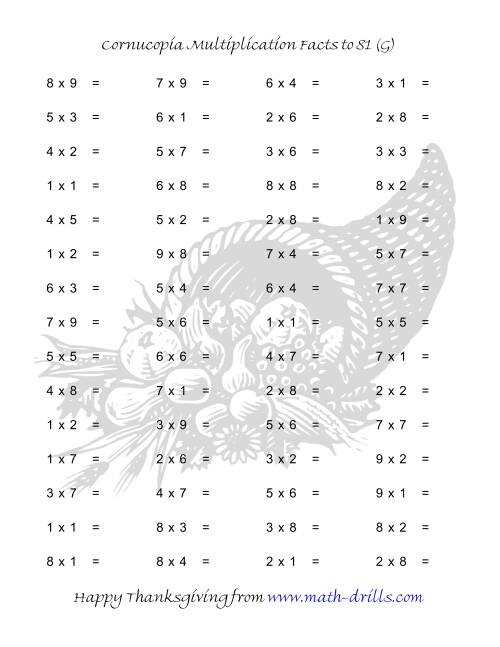 The Cornucopia Multiplication Facts to 81 (G) Math Worksheet
