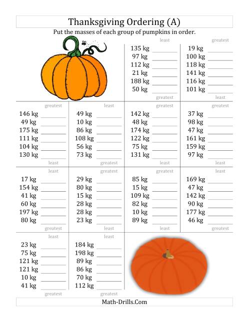 The Ordering Pumpkin Masses in Kilograms (A) Math Worksheet