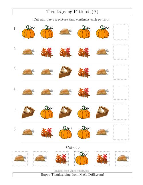 The Thanksgiving Picture Patterns with Shape Attribute Only (A) Math Worksheet