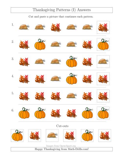 The Thanksgiving Picture Patterns with Shape Attribute Only (I) Math Worksheet Page 2