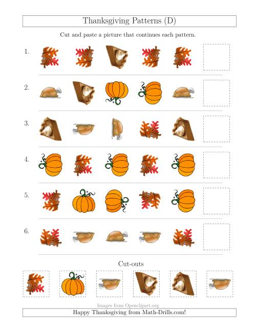 The Thanksgiving Picture Patterns with Shape and Rotation Attributes (D) Math Worksheet