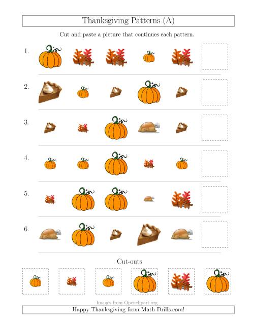 The Thanksgiving Picture Patterns with Size and Shape Attributes (A) Math Worksheet