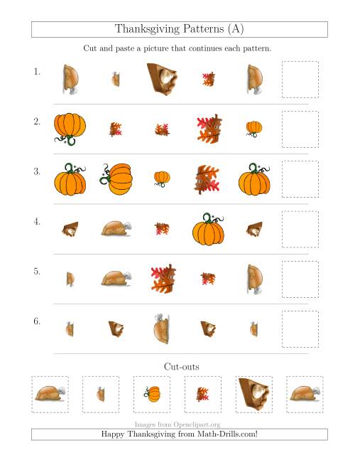 The Thanksgiving Picture Patterns with Shape, Size and Rotation Attributes (A) Math Worksheet