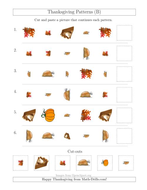 The Thanksgiving Picture Patterns with Shape, Size and Rotation Attributes (B) Math Worksheet