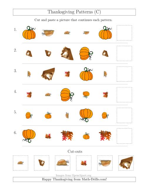 The Thanksgiving Picture Patterns with Shape, Size and Rotation Attributes (C) Math Worksheet