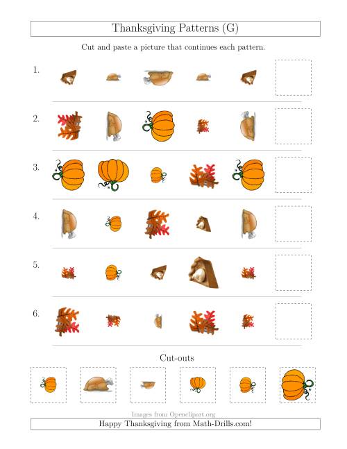 The Thanksgiving Picture Patterns with Shape, Size and Rotation Attributes (G) Math Worksheet