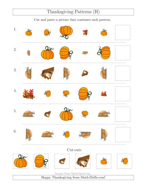 The Thanksgiving Picture Patterns with Shape, Size and Rotation Attributes (H) Math Worksheet