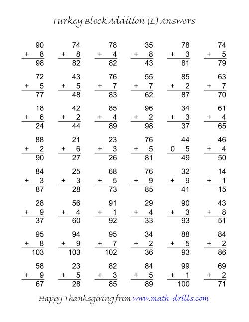 The Turkey Block Addition (Two-Digit Plus One-Digit) (E) Math Worksheet Page 2
