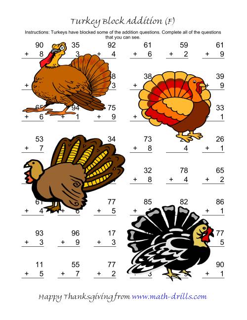 The Turkey Block Addition (Two-Digit Plus One-Digit) (F) Math Worksheet