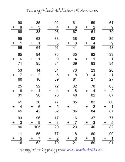 The Turkey Block Addition (Two-Digit Plus One-Digit) (F) Math Worksheet Page 2