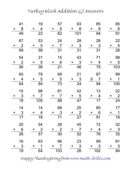 The Turkey Block Addition (Two-Digit Plus One-Digit) (G) Math Worksheet Page 2