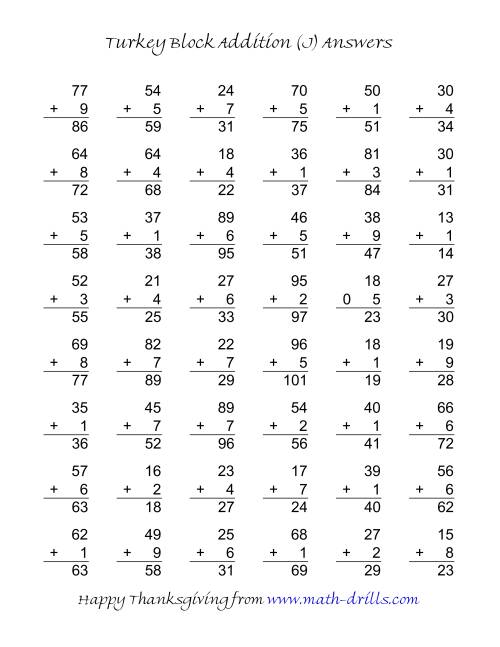 The Turkey Block Addition (Two-Digit Plus One-Digit) (J) Math Worksheet Page 2