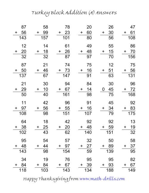The Turkey Block Addition (Two-Digit Plus Two-Digit) (A) Math Worksheet Page 2
