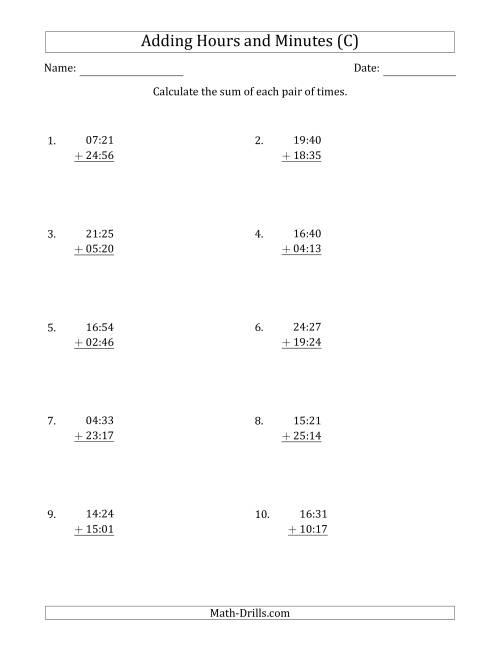 The Adding Hours and Minutes (Compact Format) (C) Math Worksheet