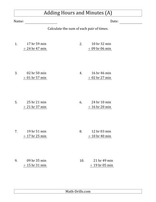 The Adding Hours and Minutes (Long Format) (A) Math Worksheet