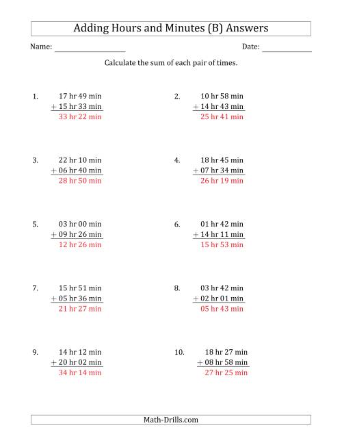 The Adding Hours and Minutes (Long Format) (B) Math Worksheet Page 2