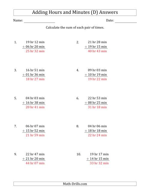 The Adding Hours and Minutes (Long Format) (D) Math Worksheet Page 2