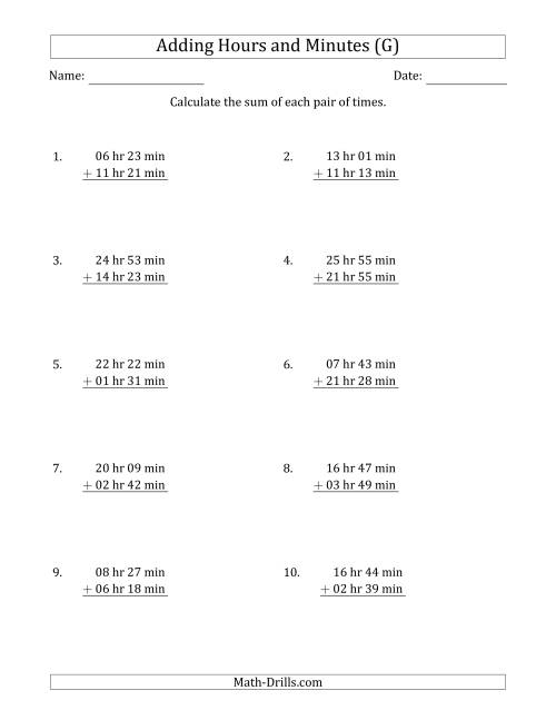 The Adding Hours and Minutes (Long Format) (G) Math Worksheet