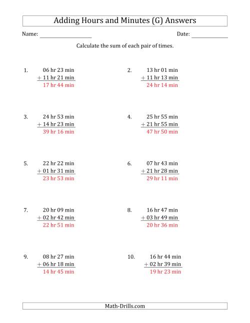 The Adding Hours and Minutes (Long Format) (G) Math Worksheet Page 2