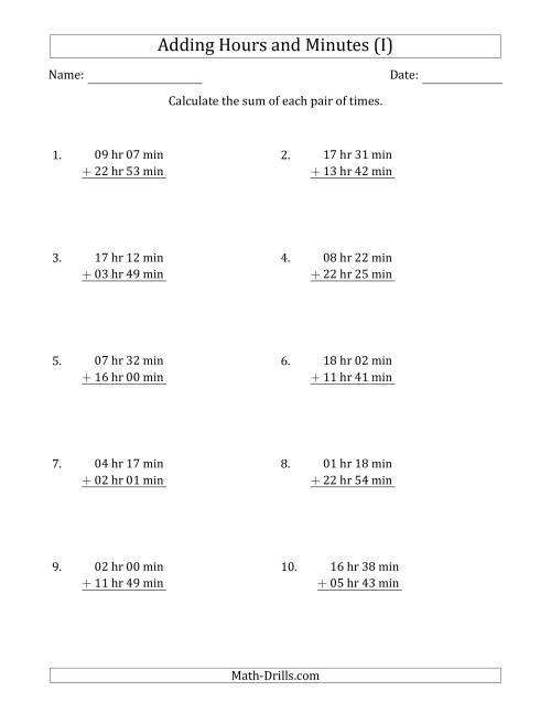 The Adding Hours and Minutes (Long Format) (I) Math Worksheet